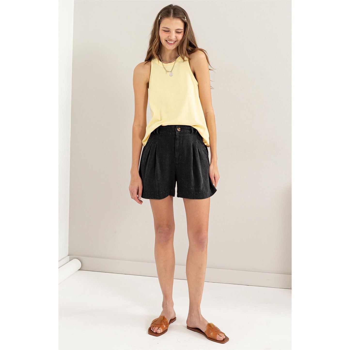 HYFVE High Waist Pleated Linen Shorts