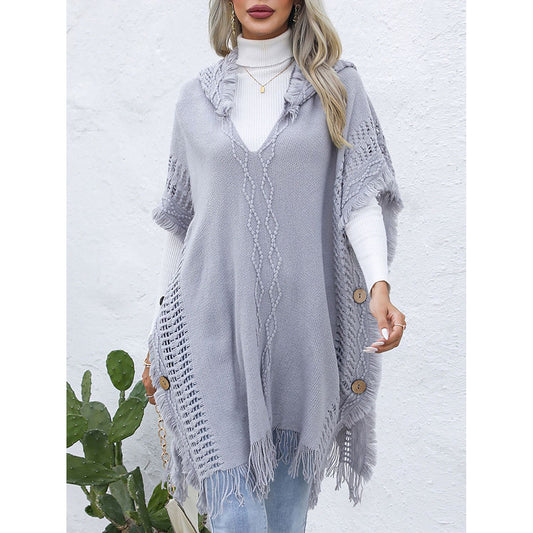 Fringe Trim Buttoned Hooded Poncho