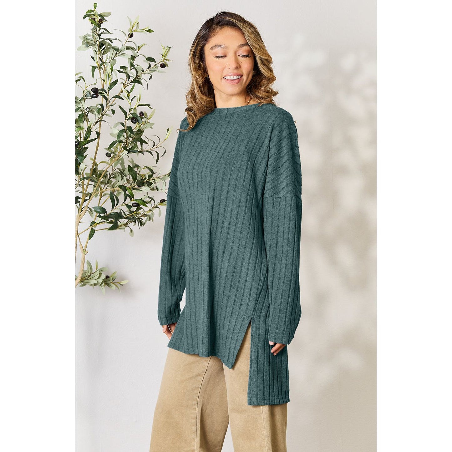 Basic Bae Full Size Ribbed Round Neck Long Sleeve Slit Top