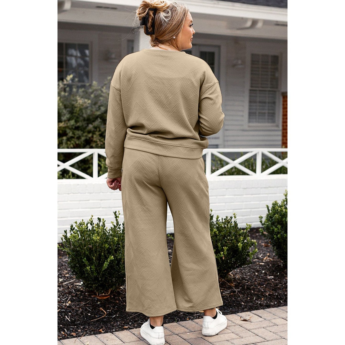 Double Take Full Size Textured Long Sleeve Top and Drawstring Pants Set