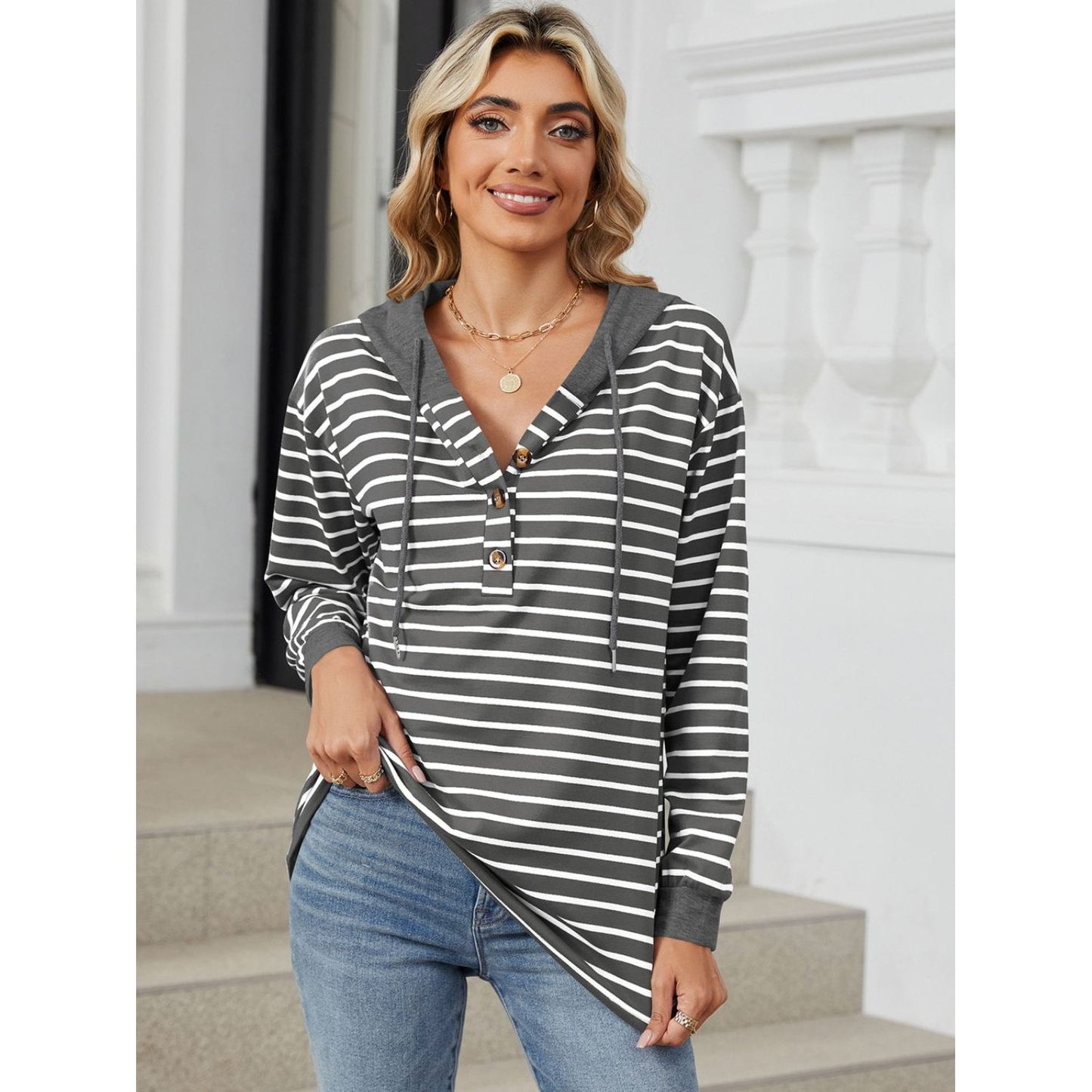 Drawstring Striped Long Sleeve Hoodie