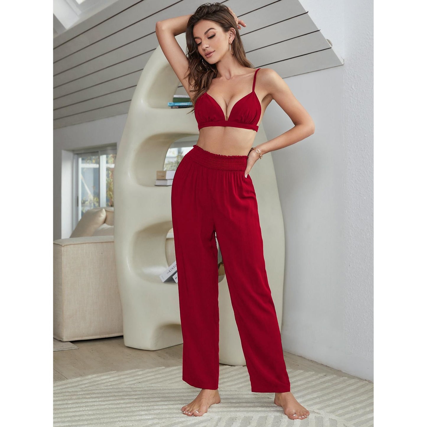 Short Sleeve Shirt, Bralette, and Pants Lounge Set