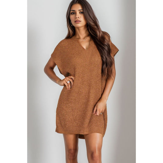 Notched Cap Sleeve Mini Sweater Dress