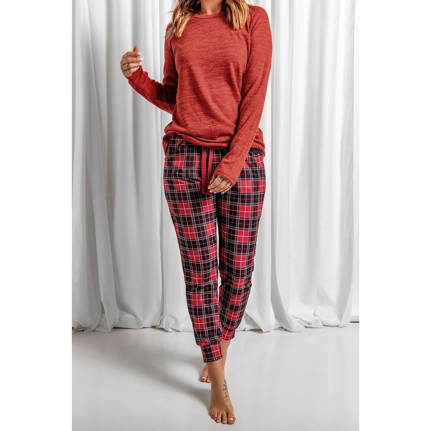 Round Neck Top and Drawstring Plaid Pants Lounge Set