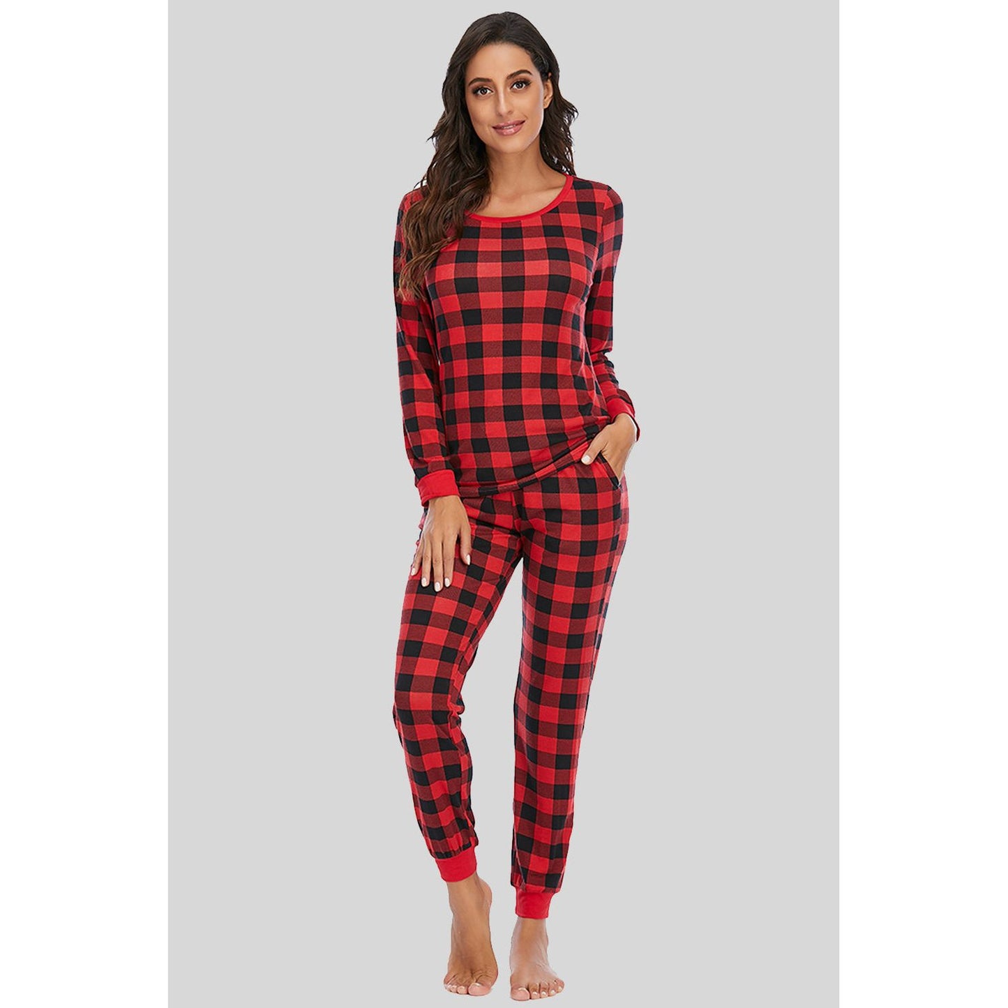 Plaid Round Neck Top and Pants Set