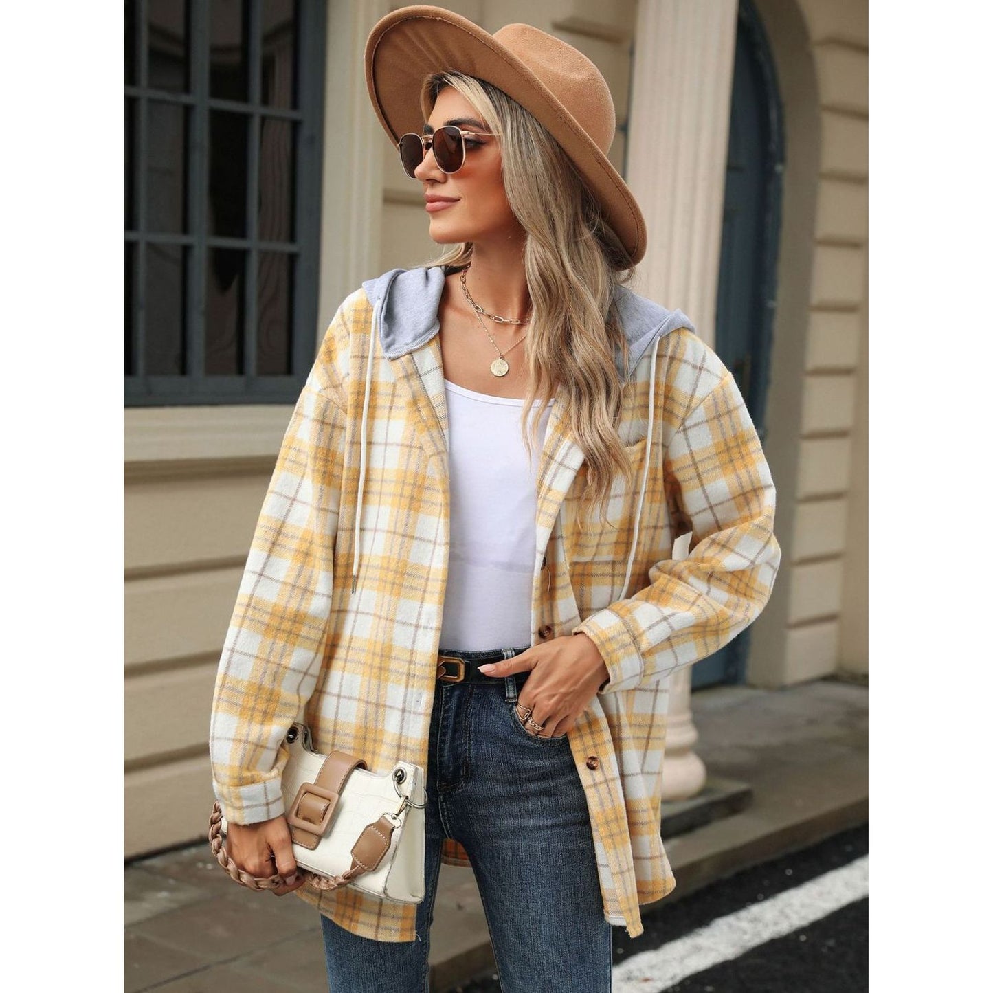 Drawstring Plaid Button Up Hooded Jacket