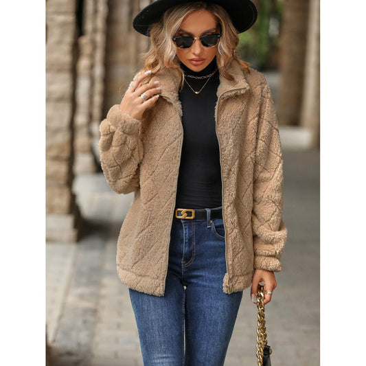 Fuzzy Pocketed Zip Up Jacket