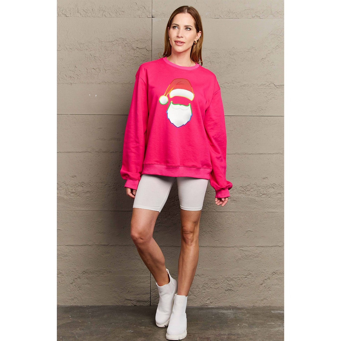 Simply Love Full Size Rainbow Santa Graphic Round Neck Sweatshirt