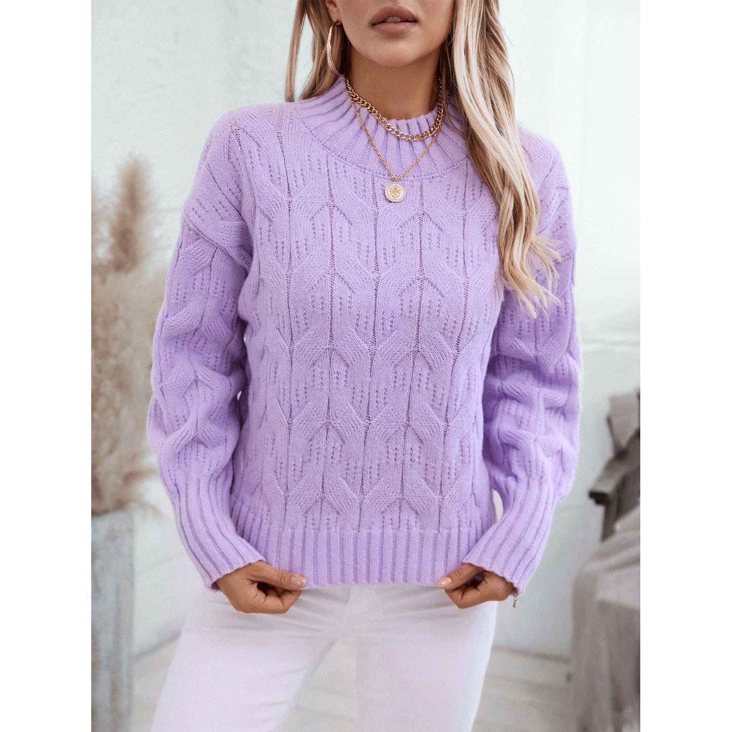 Cable Knit Mock Neck Long Sleeve Sweater