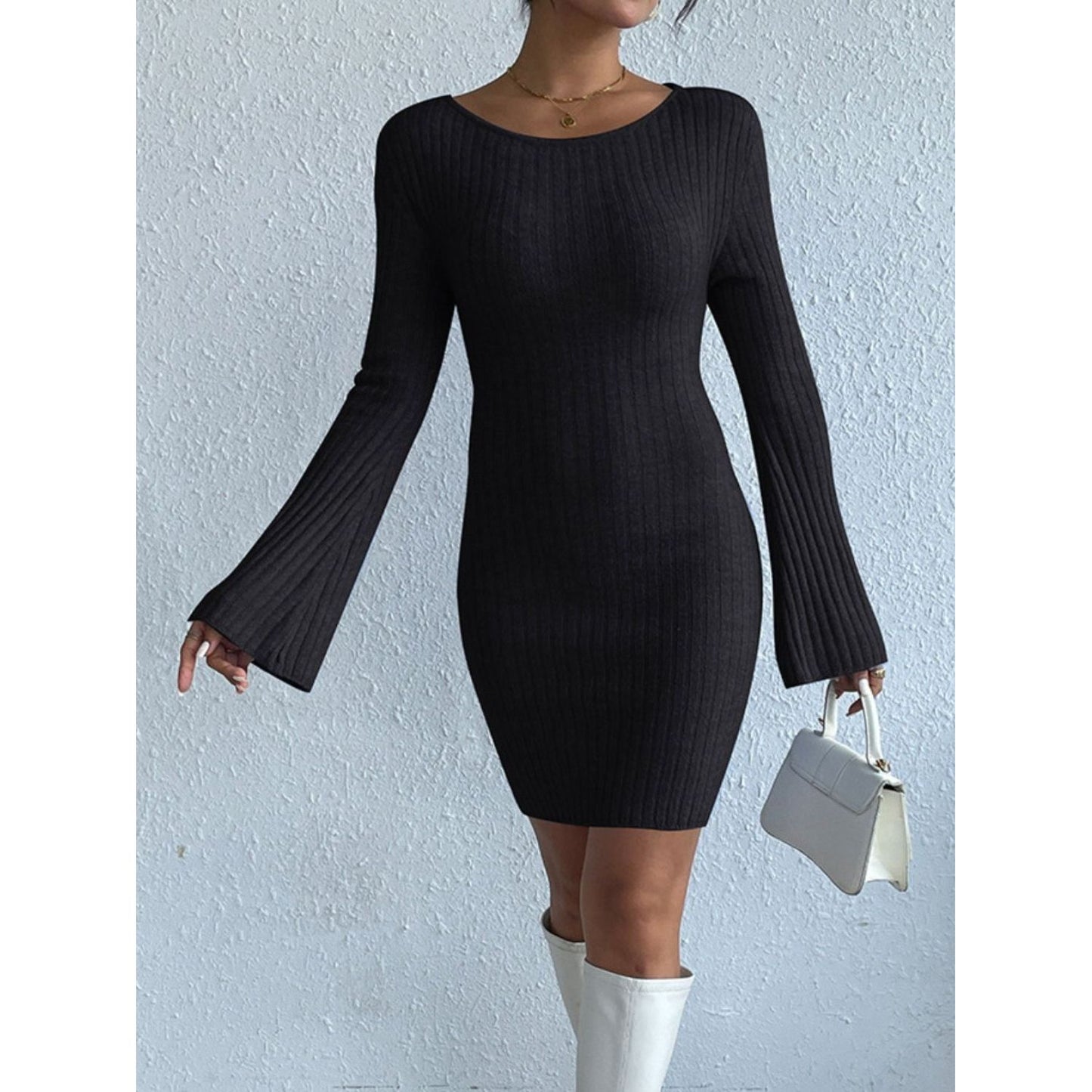 Backless Round Neck Long Sleeve Sweater Dress