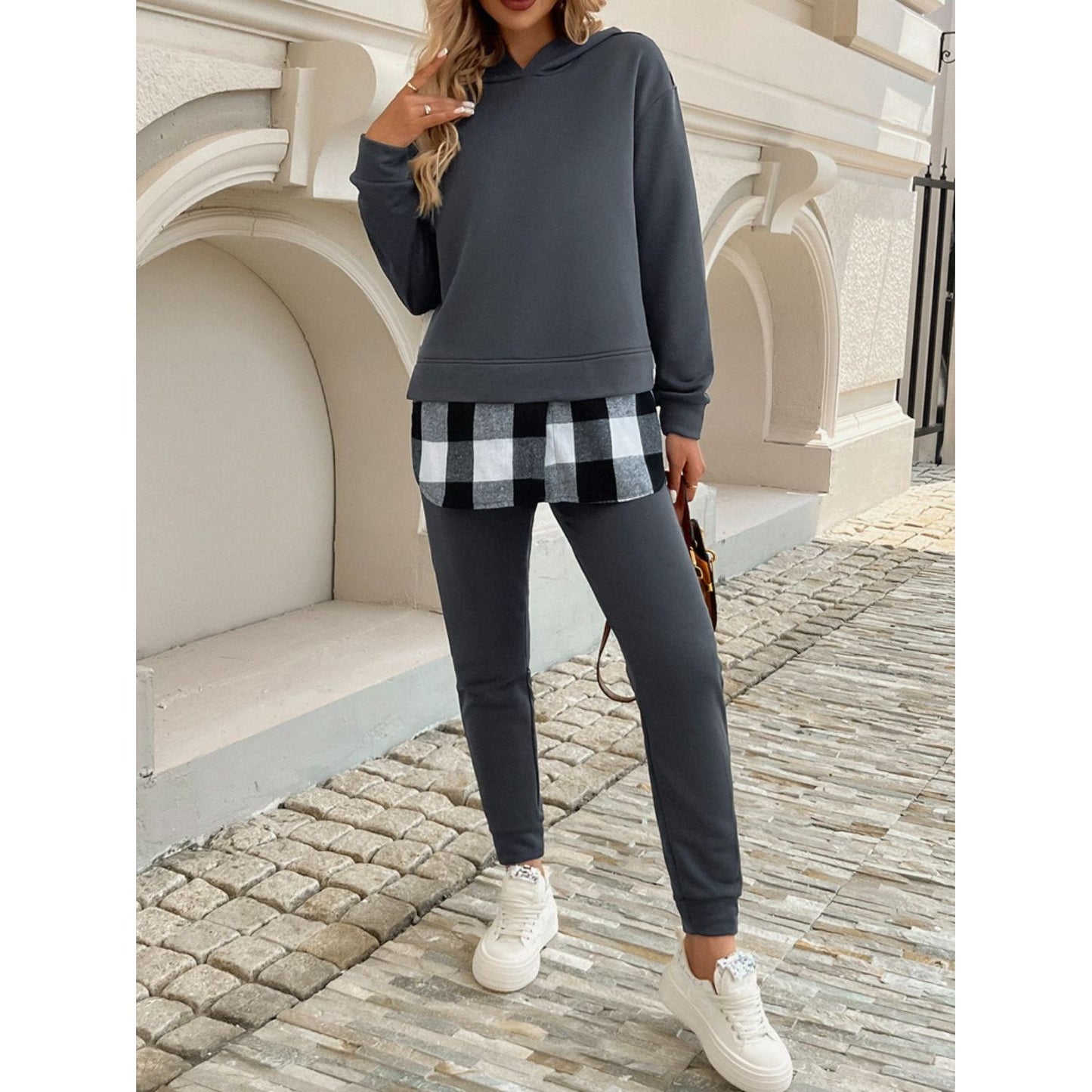 Devine Plaid Long Sleeve Hooded Top and Pants Set