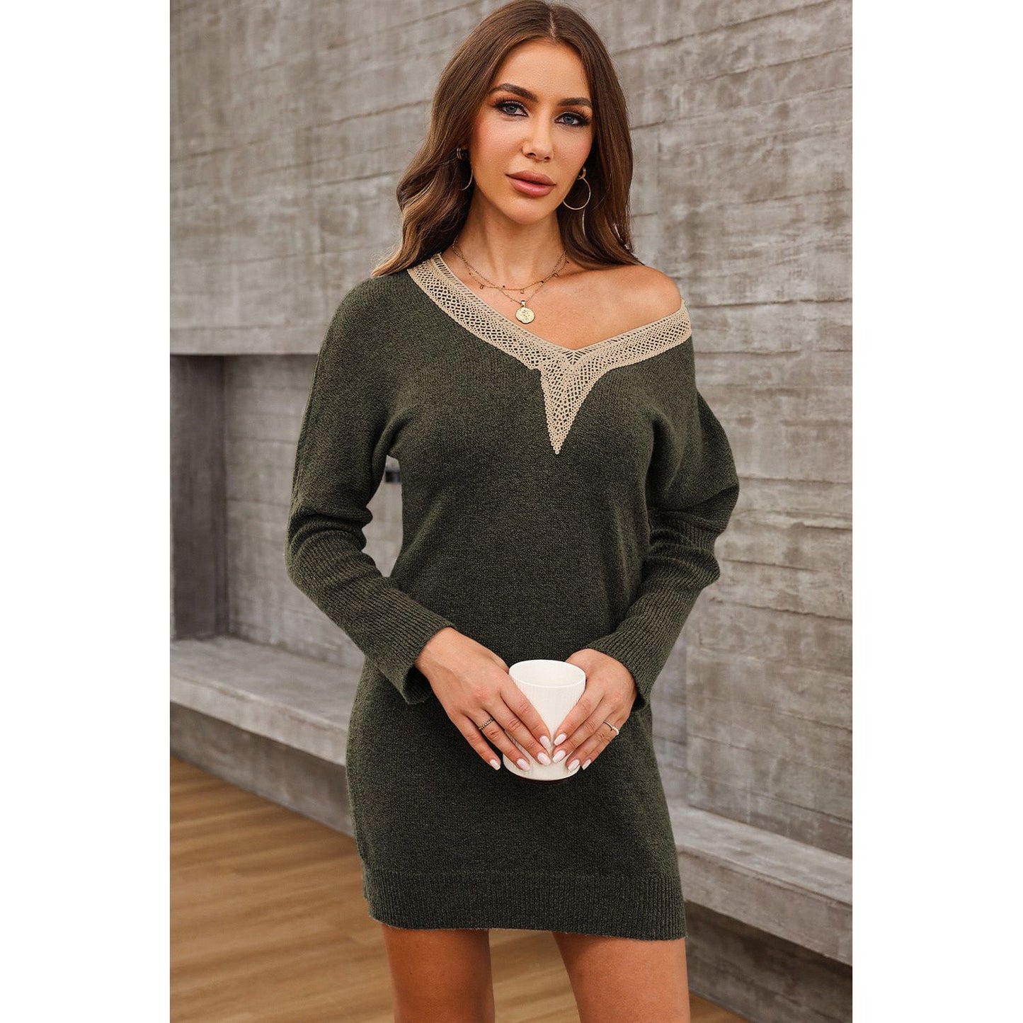 V-Neck Long Sleeve Mini Sweater Dress