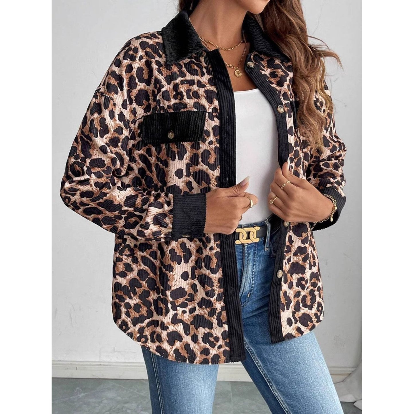 Leopard Collared Neck Button Up Shacket