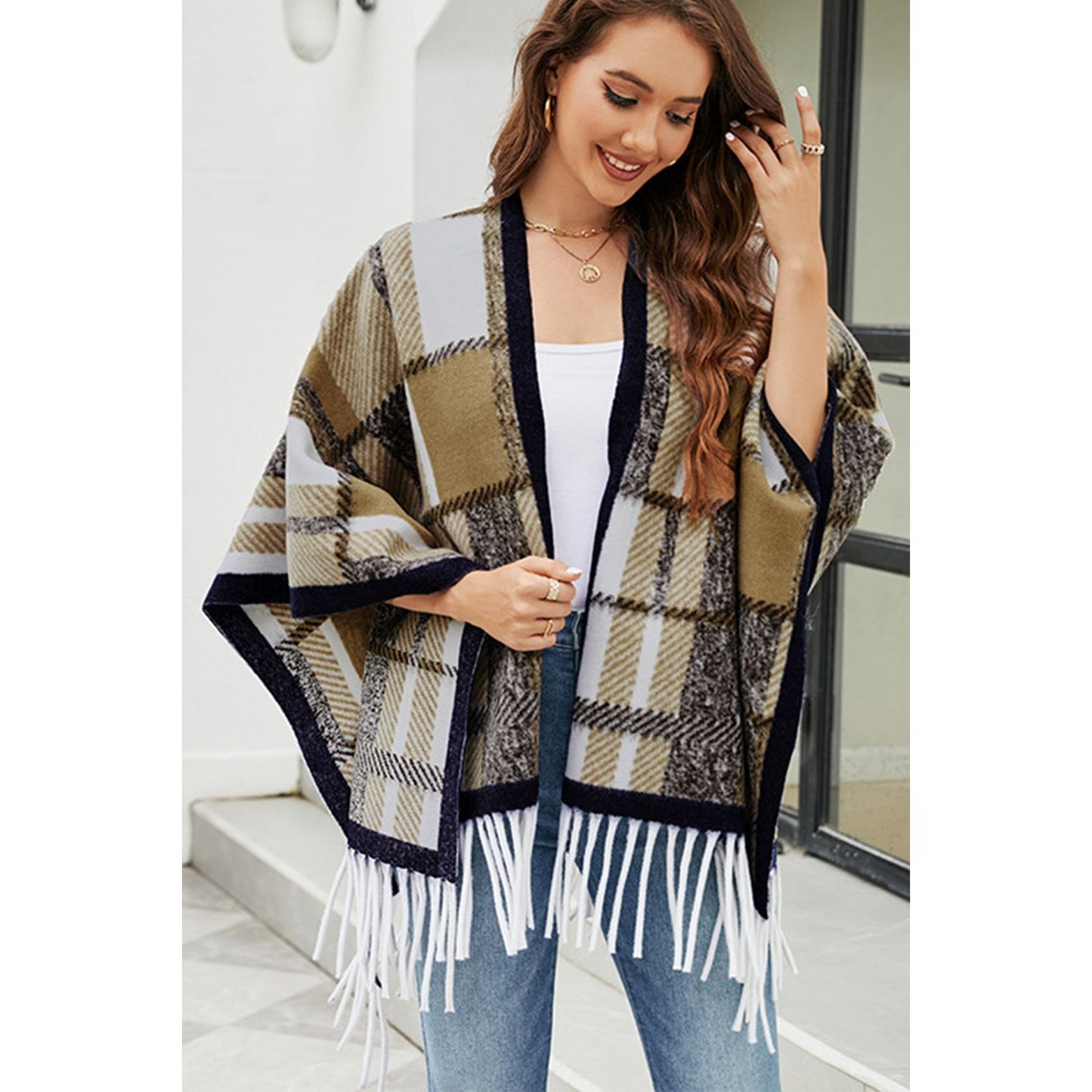 Cloak Sleeve Fringe Detail Poncho