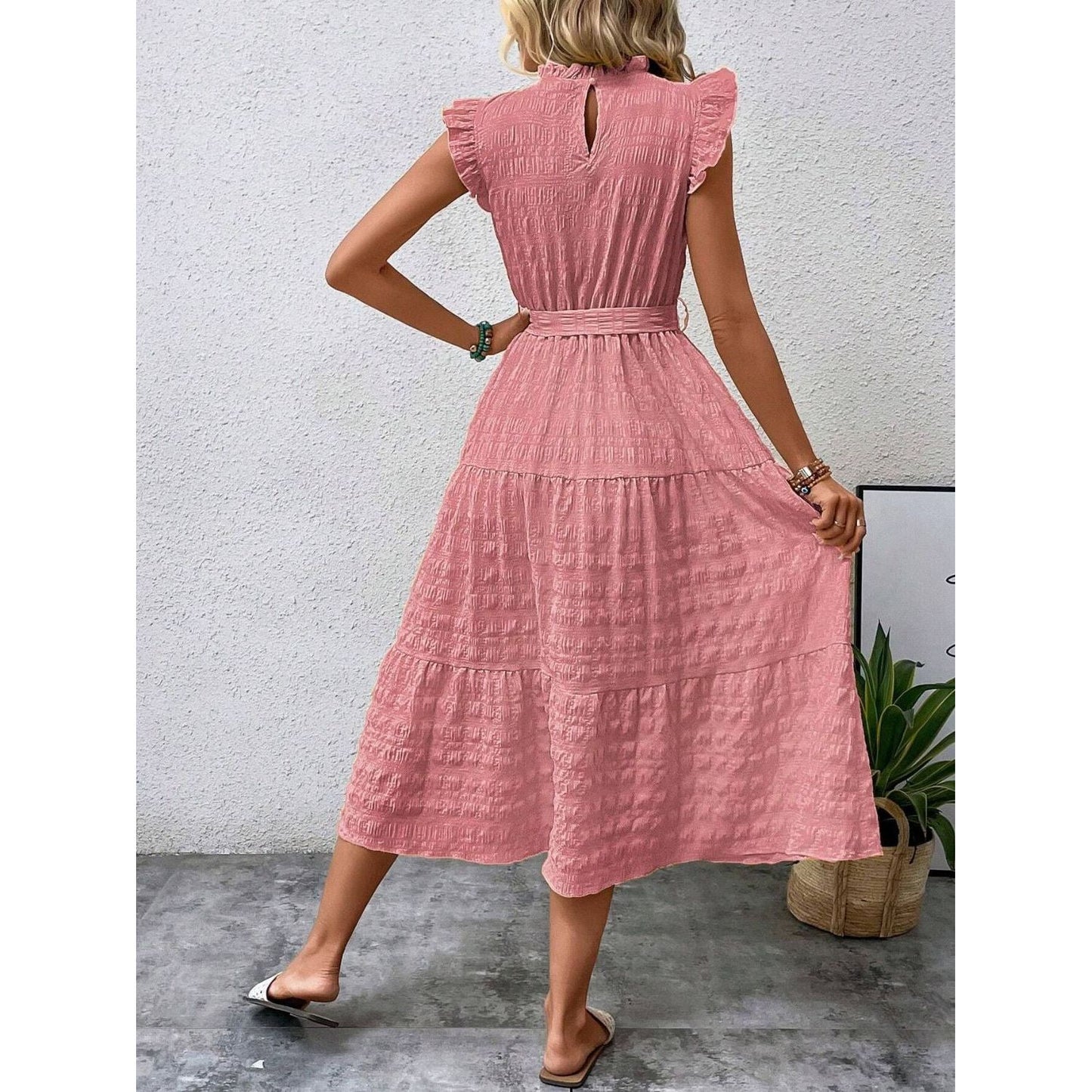 Tied Ruffled Cap Sleeve Midi Dress