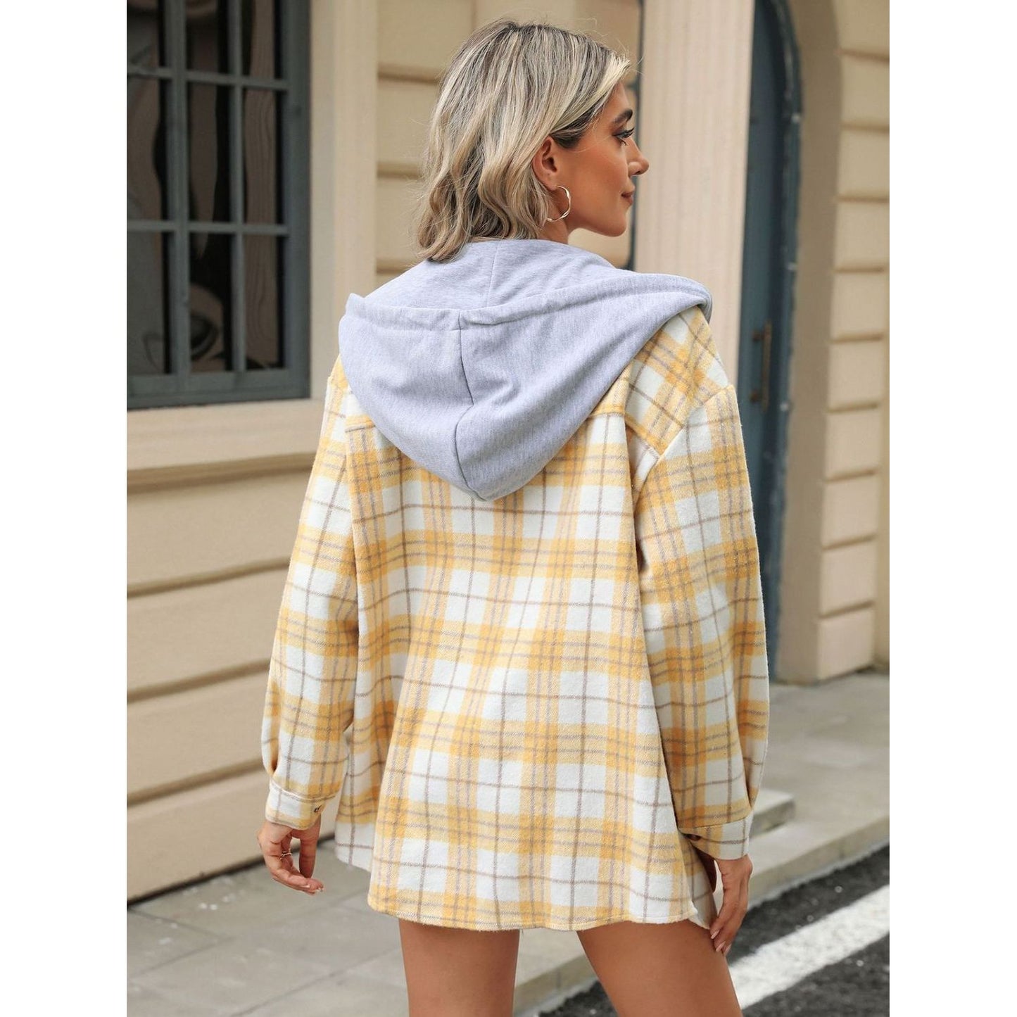 Drawstring Plaid Button Up Hooded Jacket