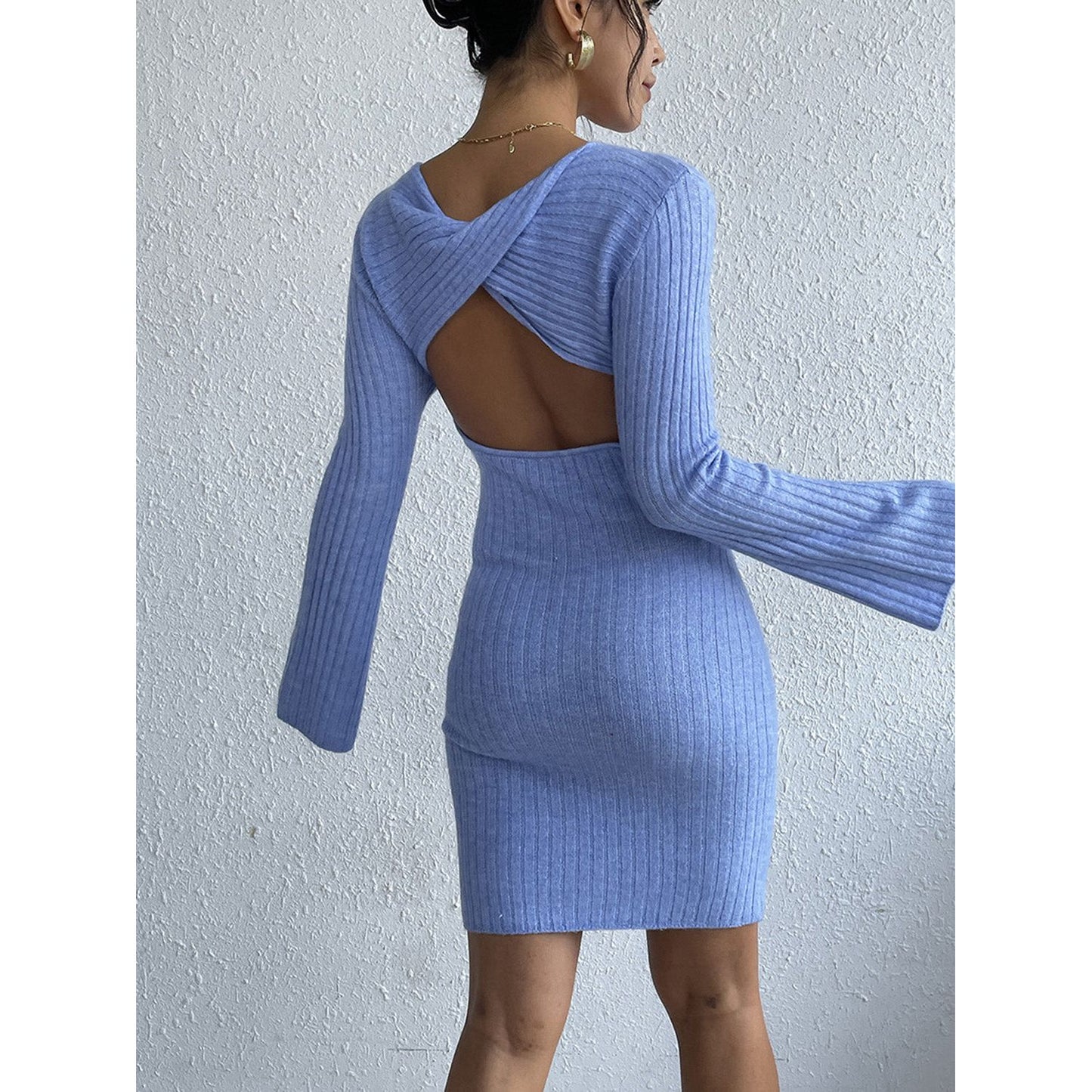 Backless Round Neck Long Sleeve Sweater Dress