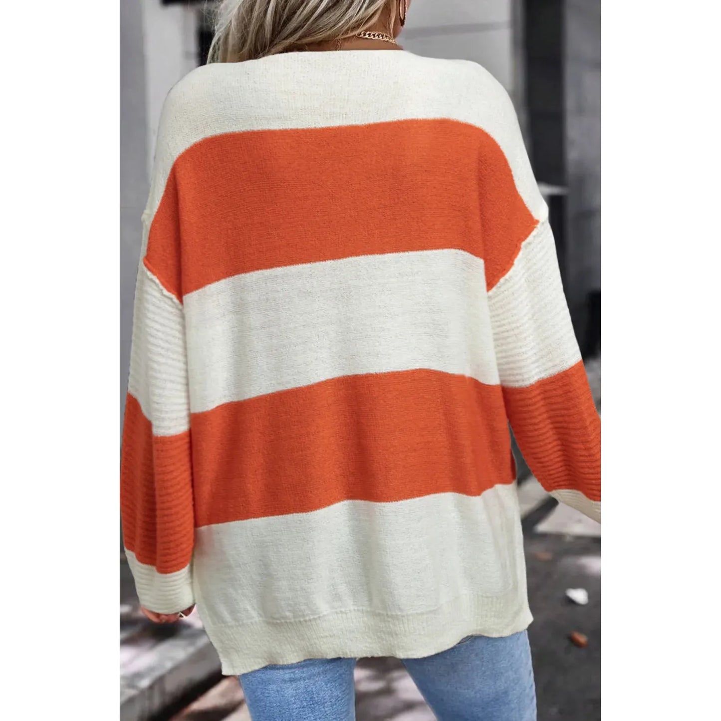 Color Block Dropped Shoulder V-Neck Sweater