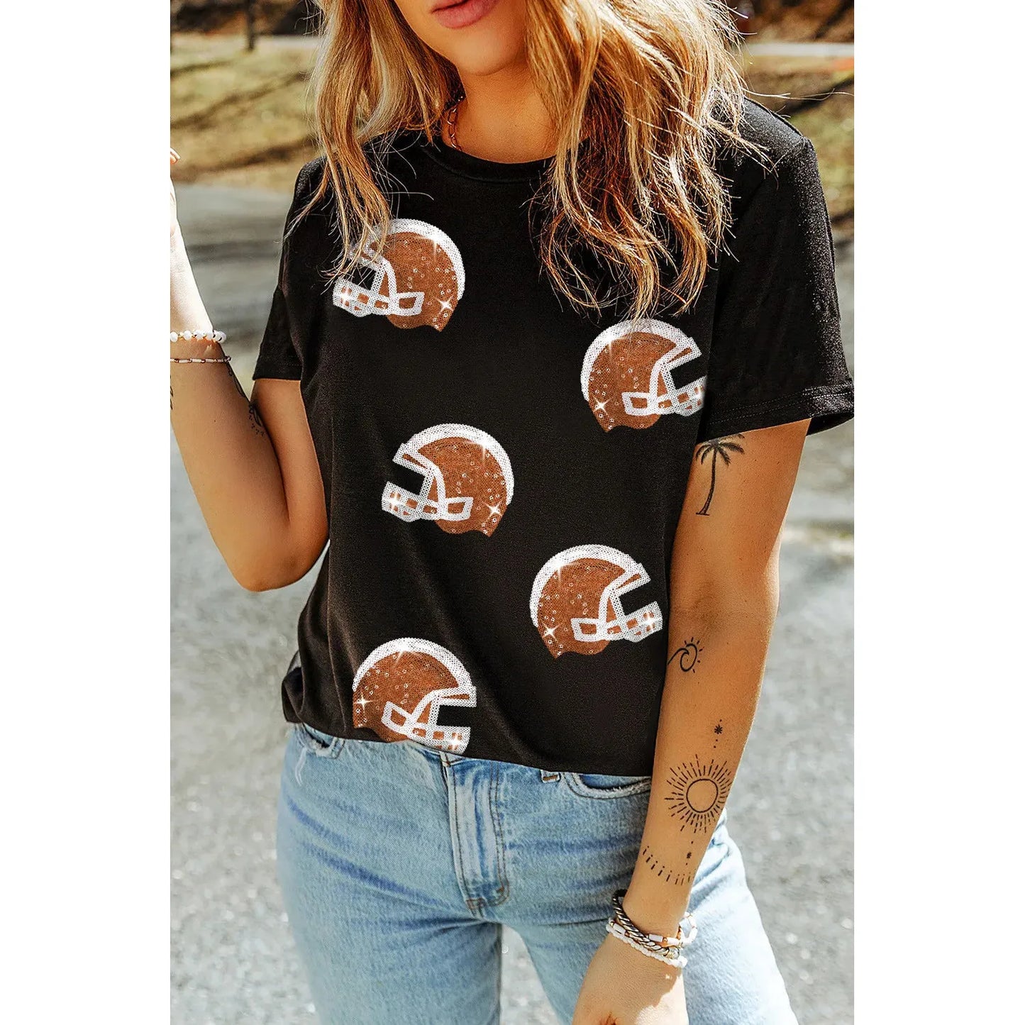 Sequin Round Neck Short Sleeve T-Shirt