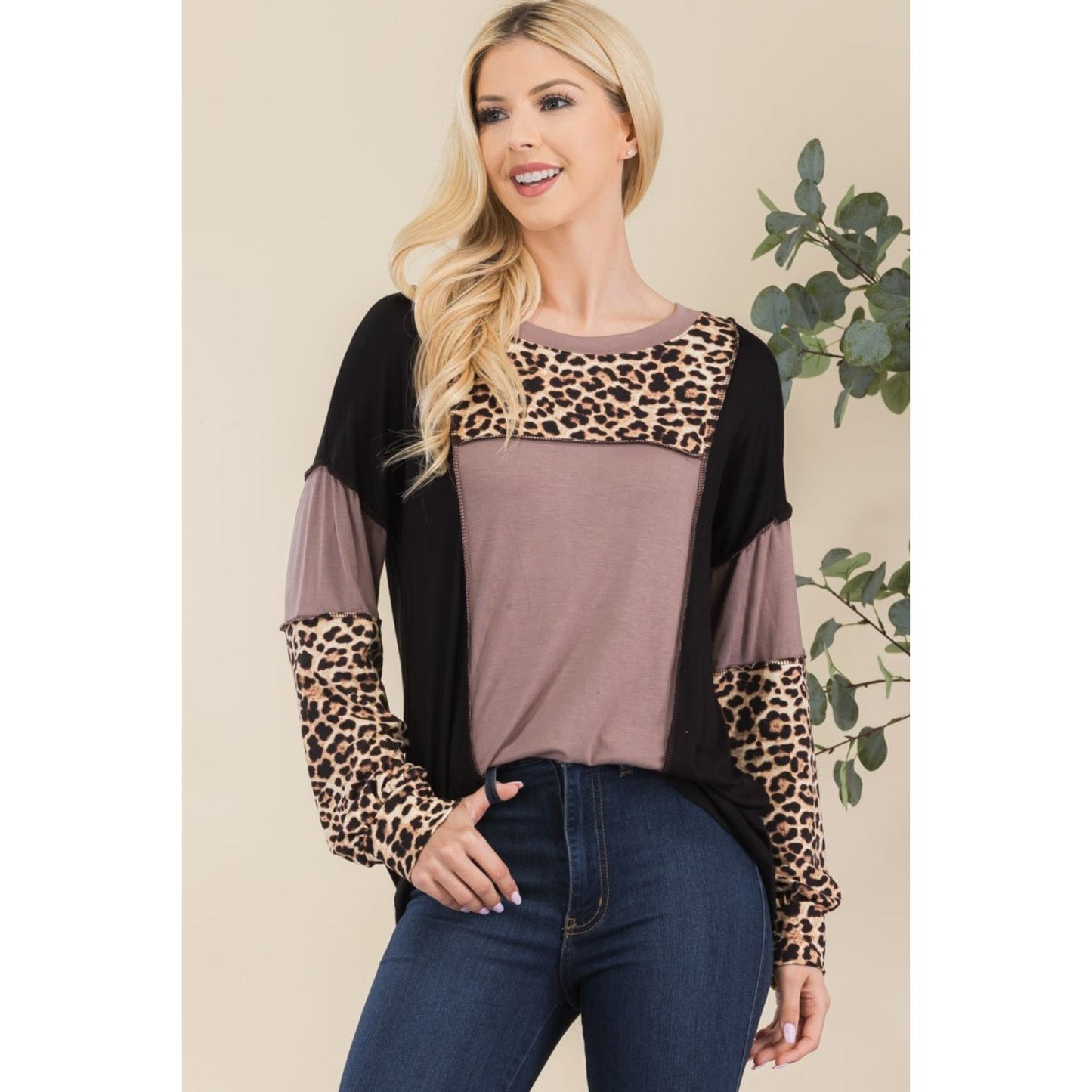 Celeste Full Size Leopard Color Block Exposed Seam T-Shirt