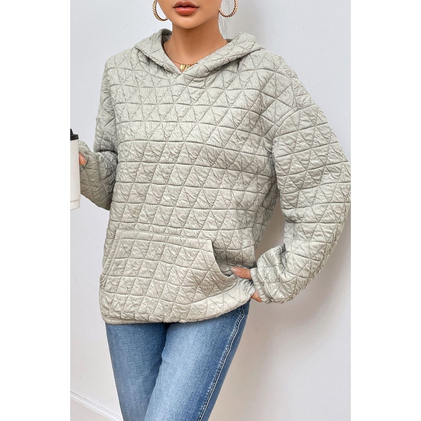 Quilted Long Sleeve Hoodie with Pocket