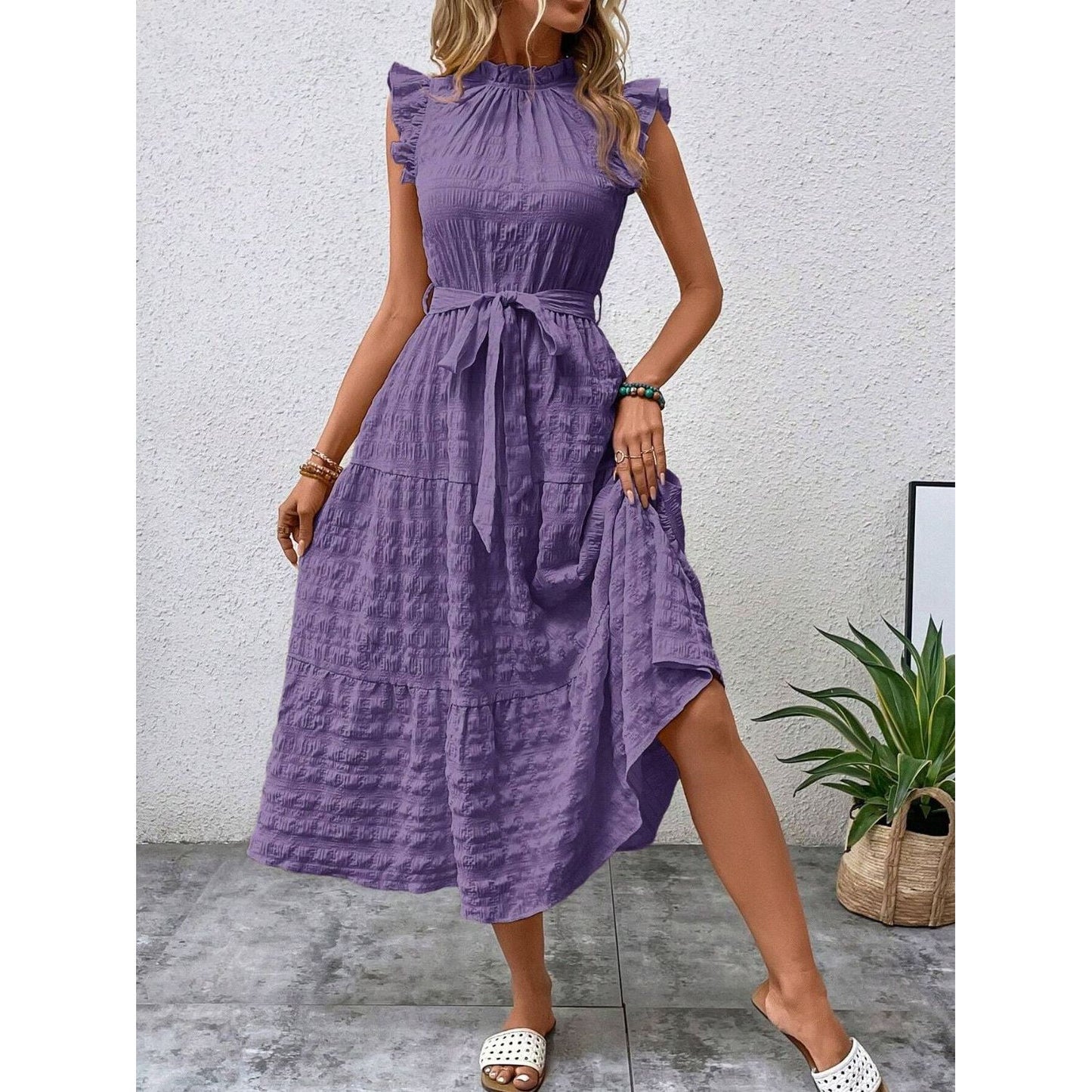 Tied Ruffled Cap Sleeve Midi Dress