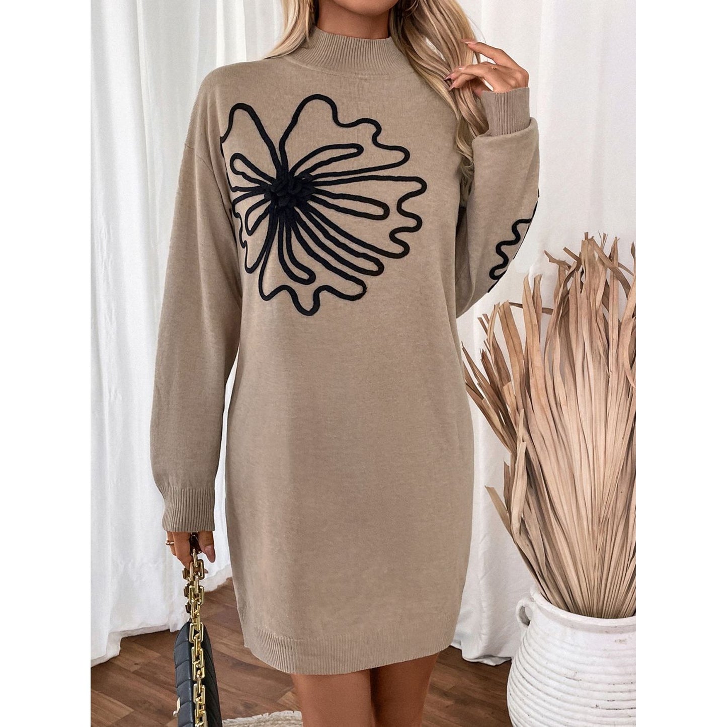 Perfee Flower Mock Neck Long Sleeve Sweater Dress