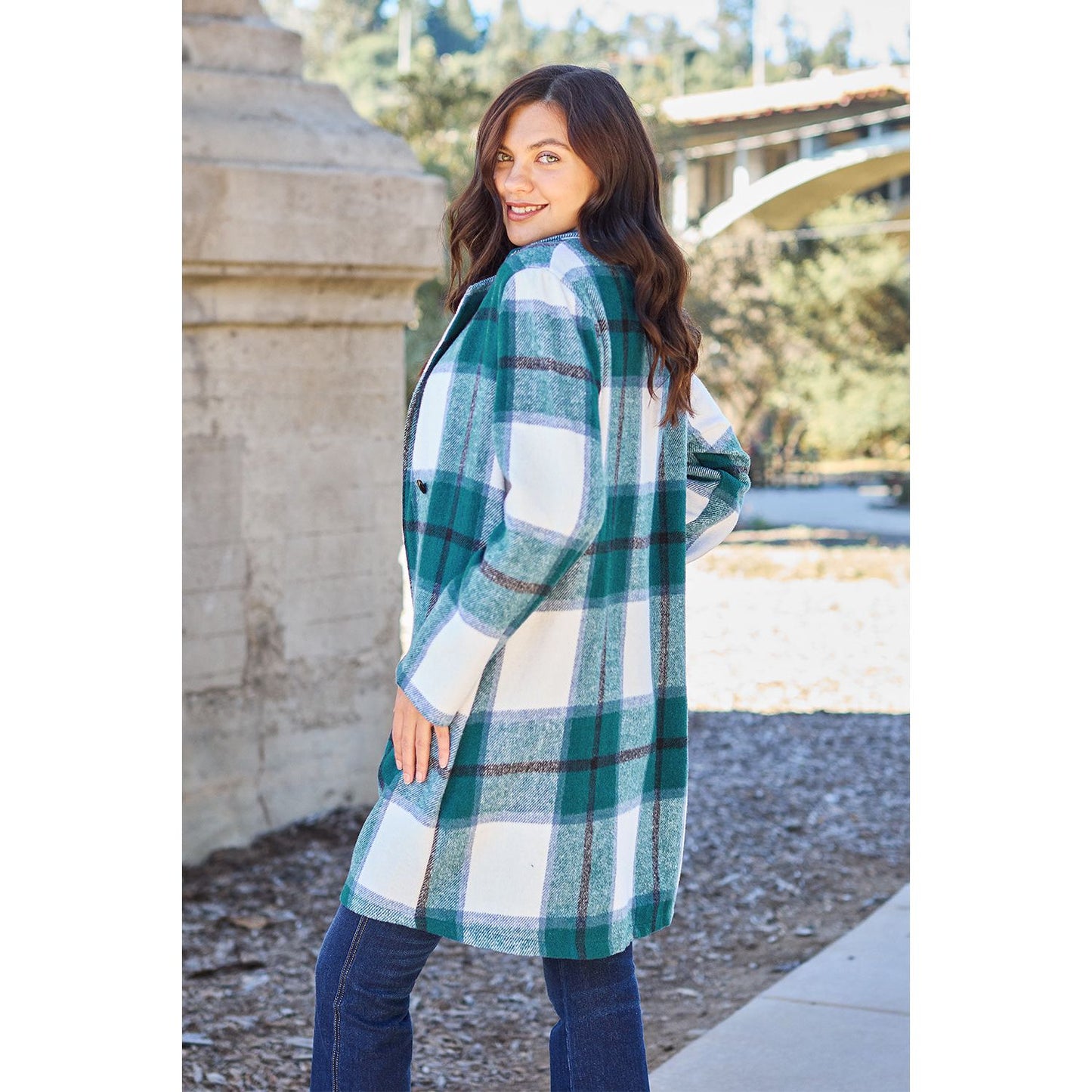 Double Take Full Size Plaid Button Up Lapel Collar Coat