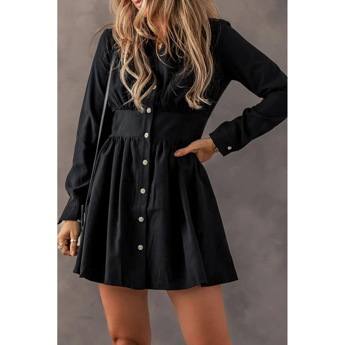 Ruched Button Up Long Sleeve Dress