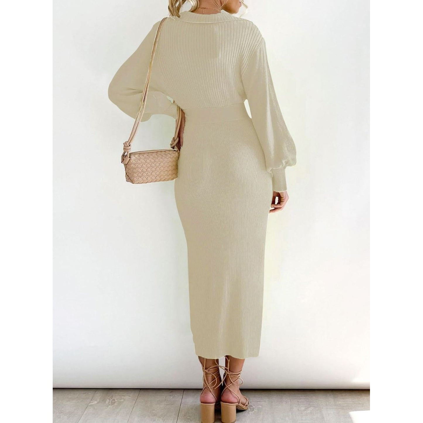 Perfee Tied Long Sleeve Wrap Sweater Dress