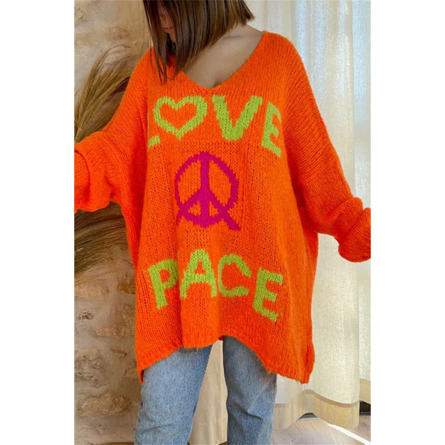 Peace Graphic V-Neck Long Sleeve Sweater