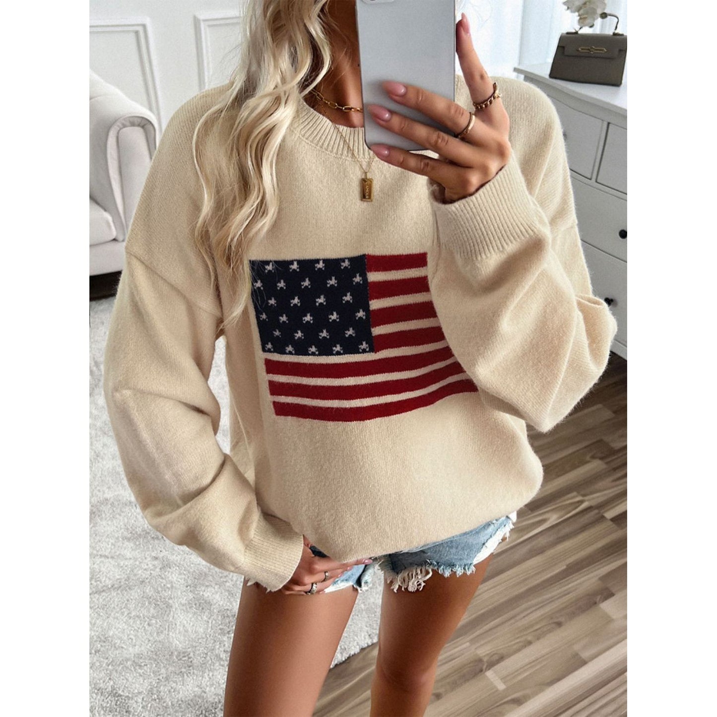 Devine US Flag Round Neck Long Sleeve Knit Top