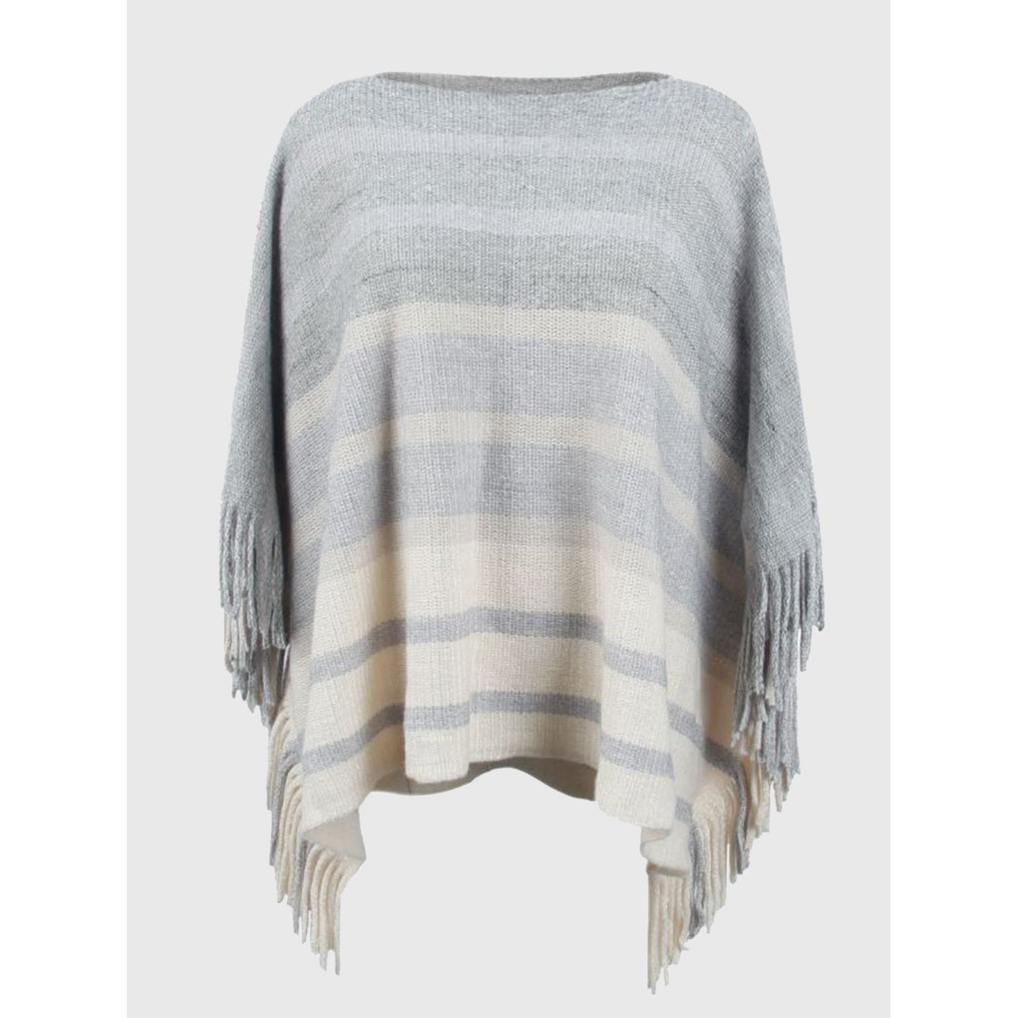 Striped Boat Neck Poncho with Fringes