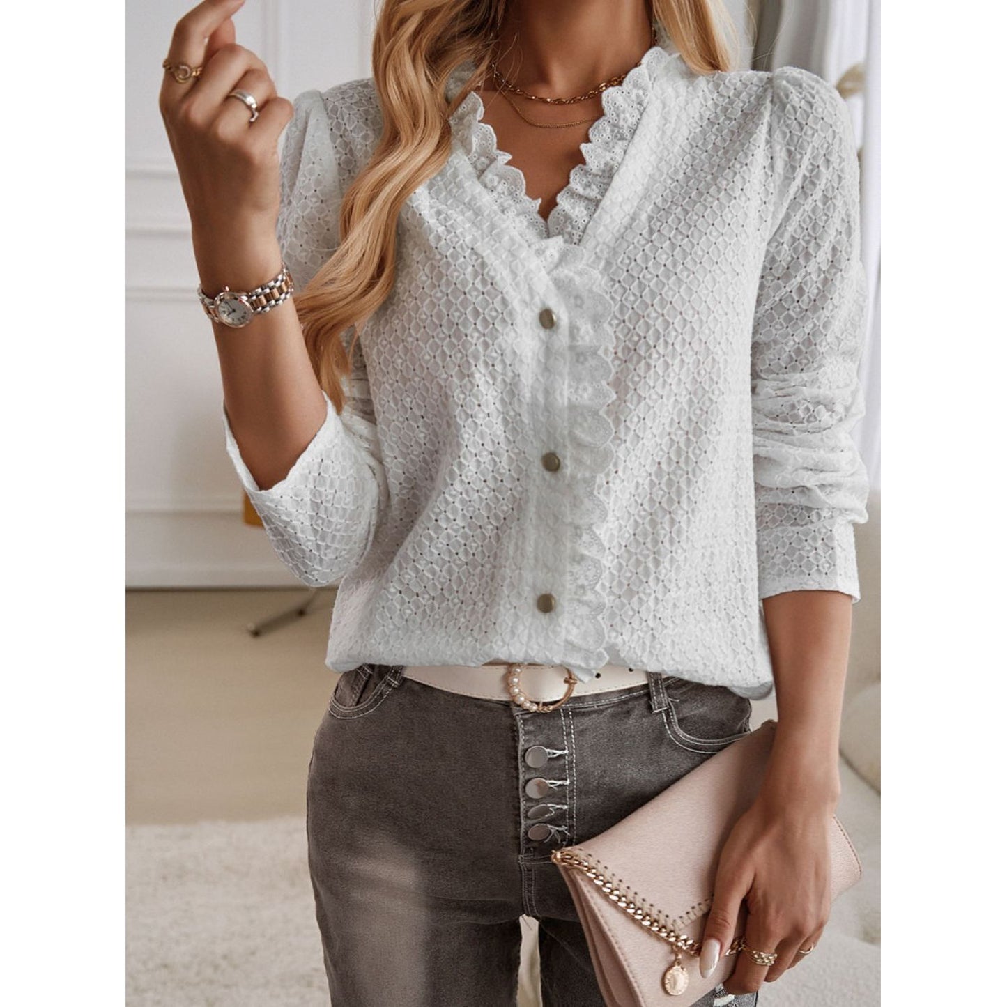 Devine Frill V-Neck Long Sleeve Shirt