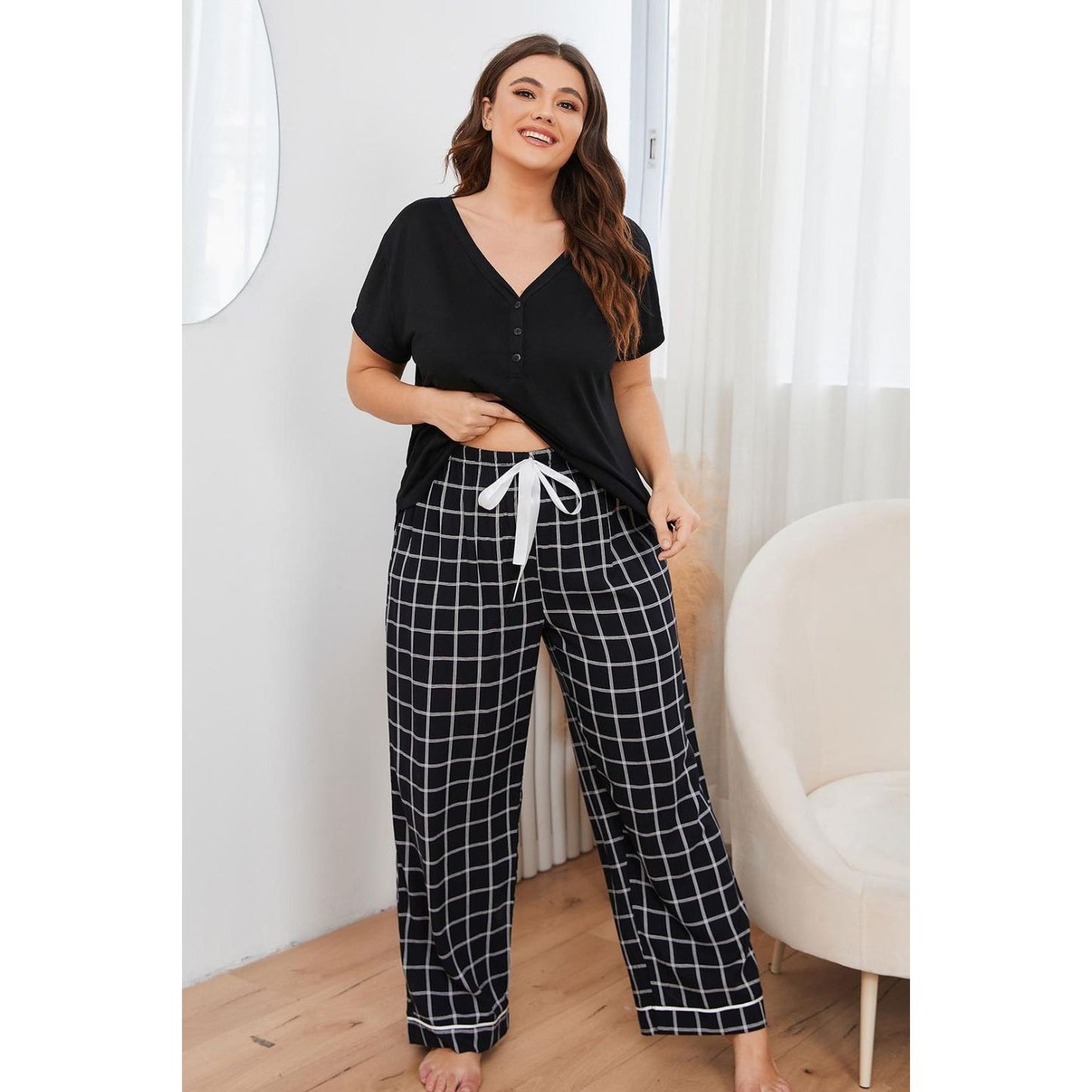 Plus Size V-Neck Top and Plaid Pants Lounge Set