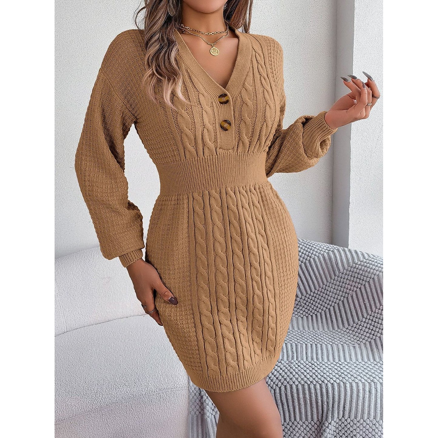 Buttoned Cable-Knit V-Neck Sweater Dress