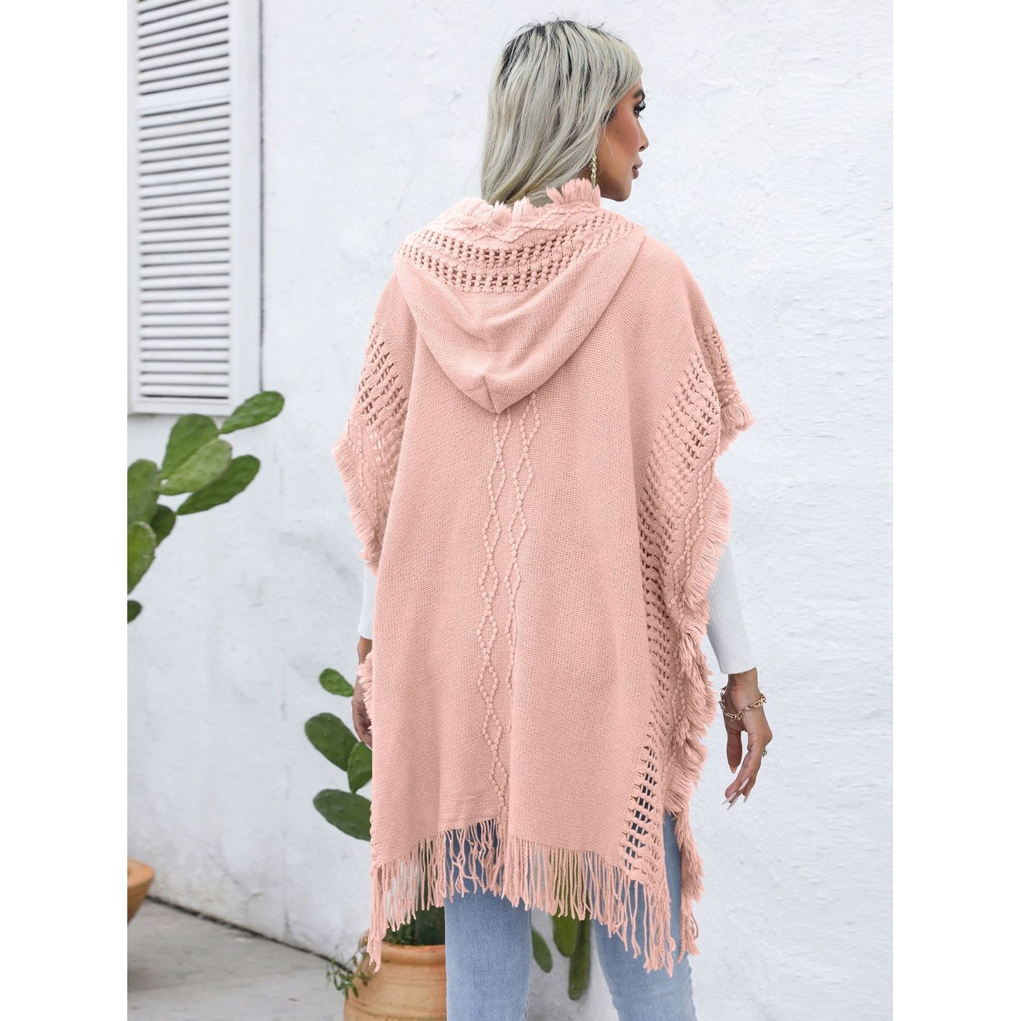 Fringe Trim Buttoned Hooded Poncho