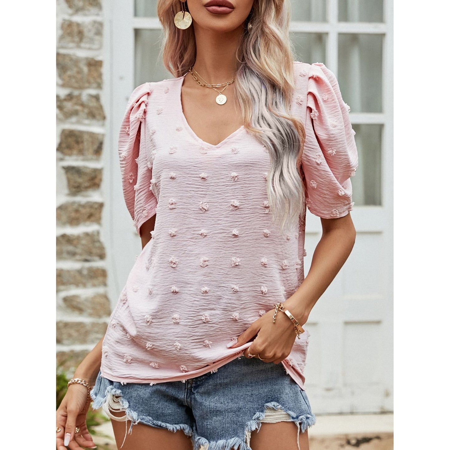 Swiss Dot Short Puff Sleeve Top