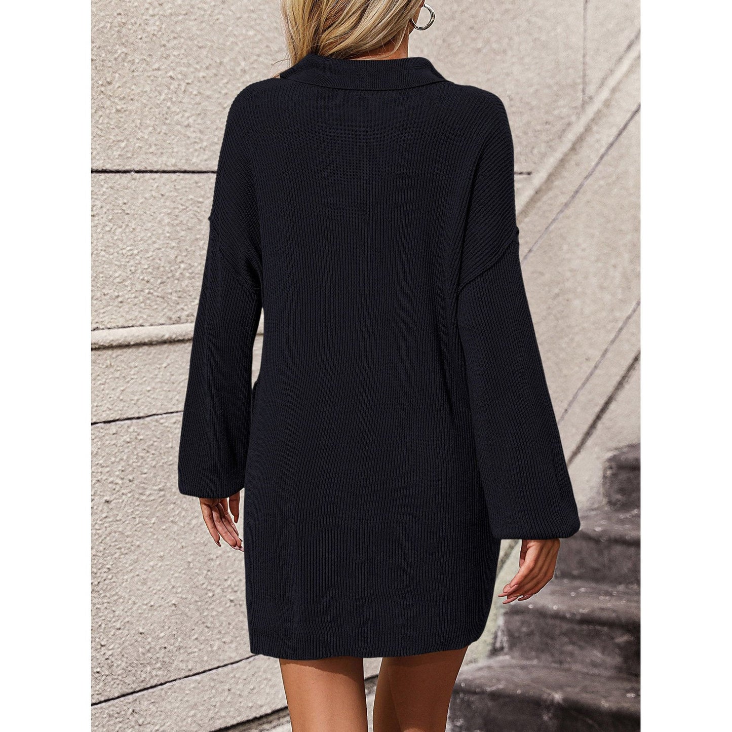 Collared Neck Long Sleeve Sweater Dress with Pockets