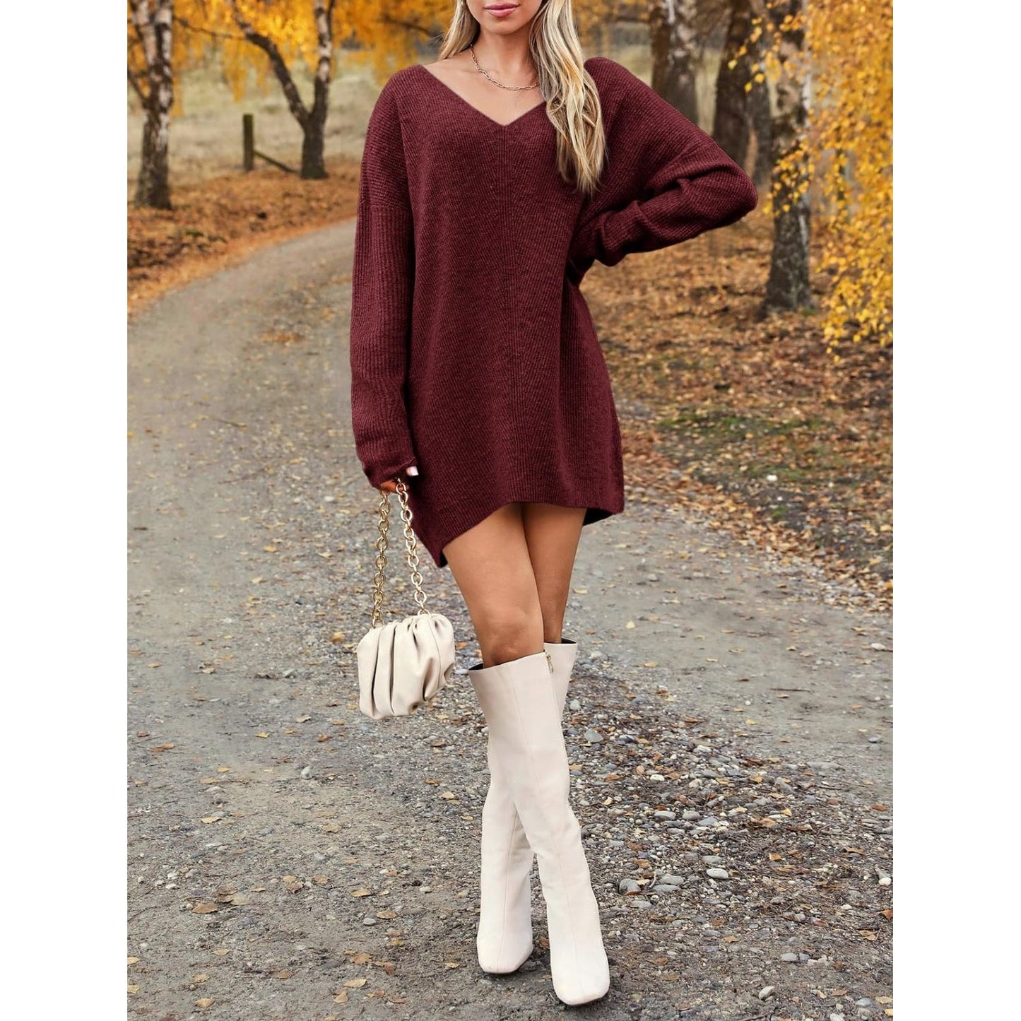 V-Neck Dropped Shoulder Sweater Dress