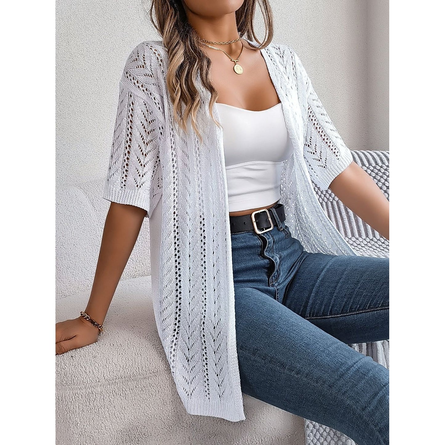 Openwork Open Front Half Sleeve Cardigan