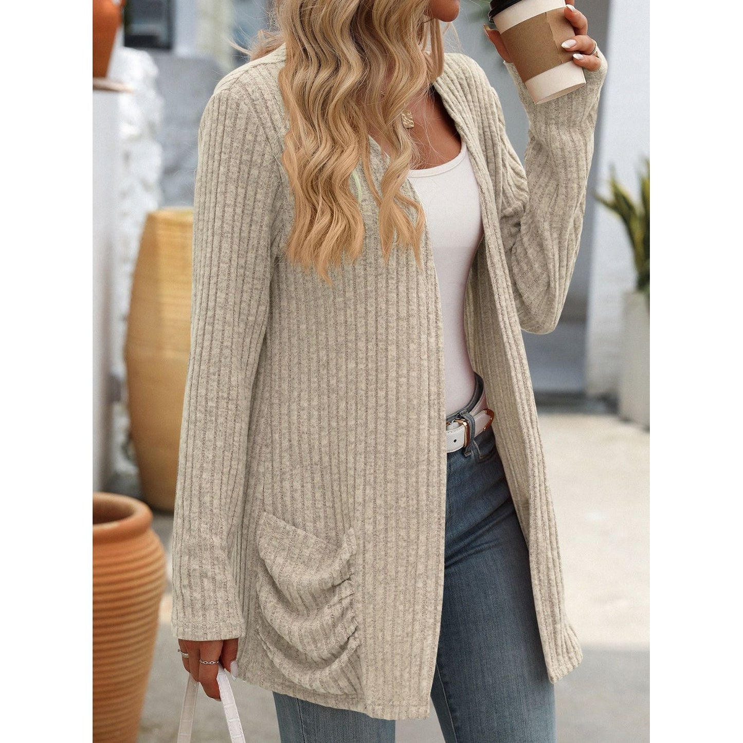 Open Front Long Sleeve Ribbed Cardigan