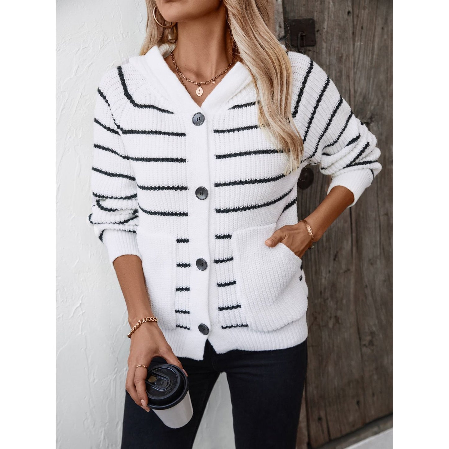 Striped Button Up Long Sleeve Hooded Cardigan