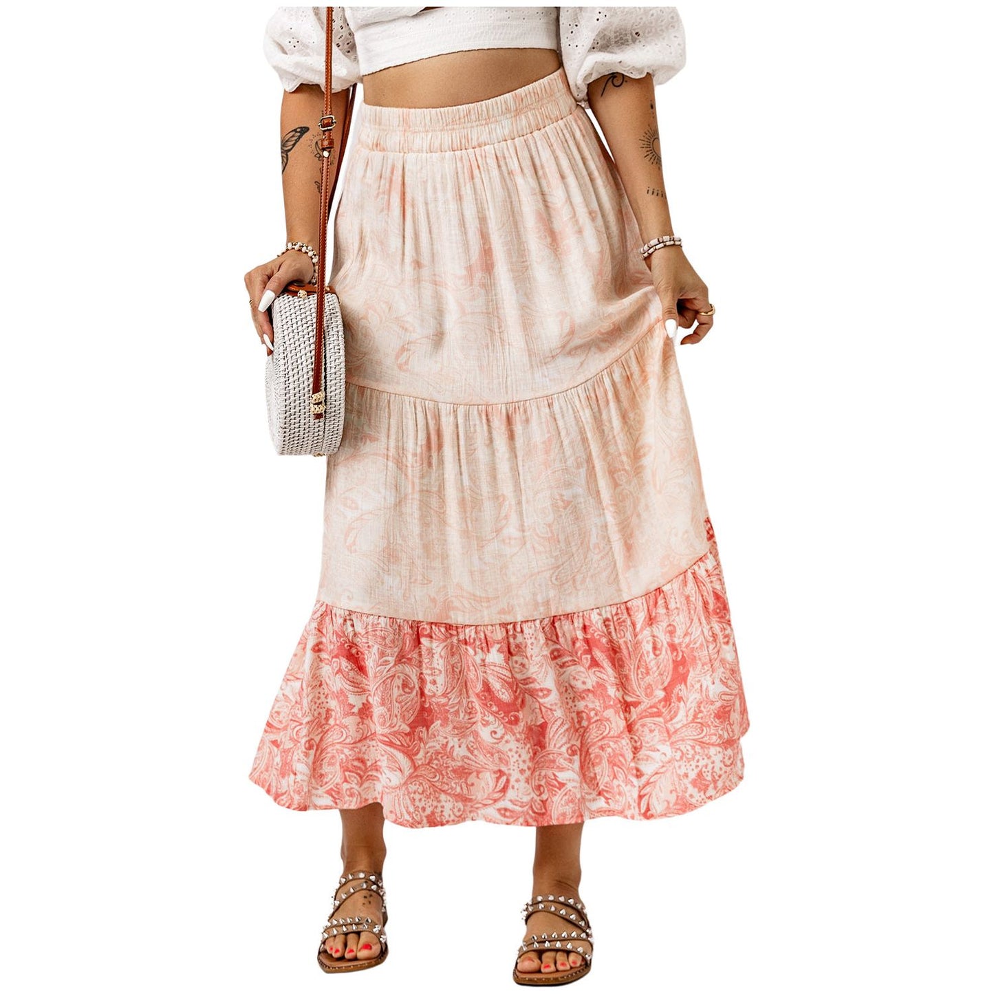 Floral Color Block Tiered Skirt