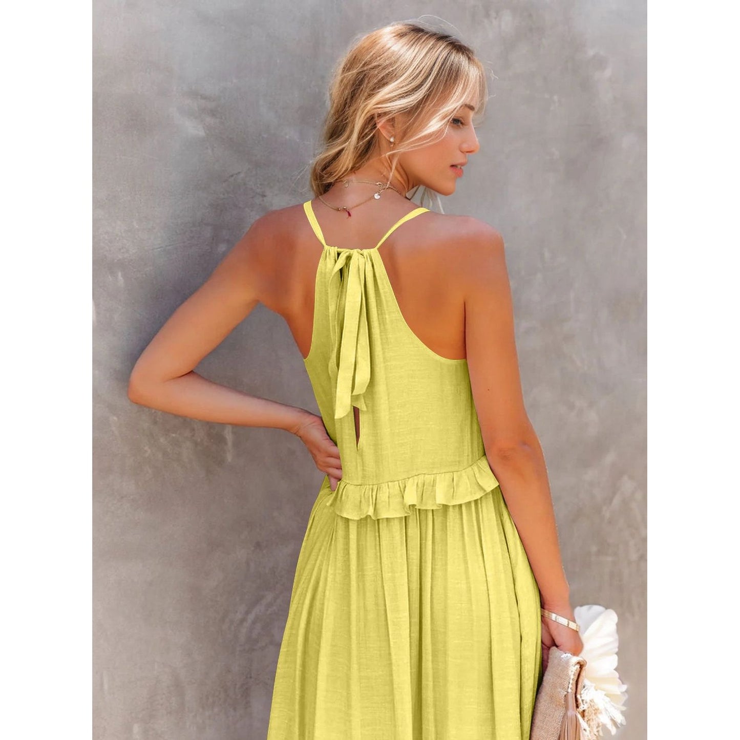 Ruffled Sleeveless Tiered Maxi Dress with Pockets