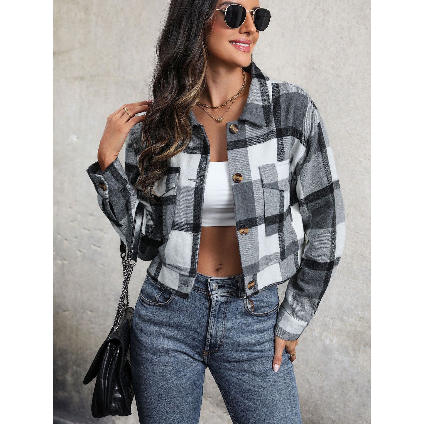 Perfee Plaid Button Up Drop Shoulder Cropped Jacket