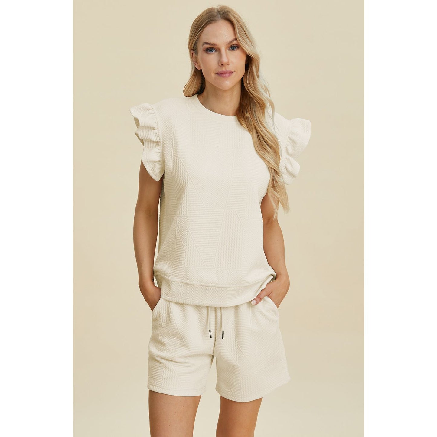 Double Take Full Size Texture Round Neck Ruffle Sleeve Top and Shorts Set