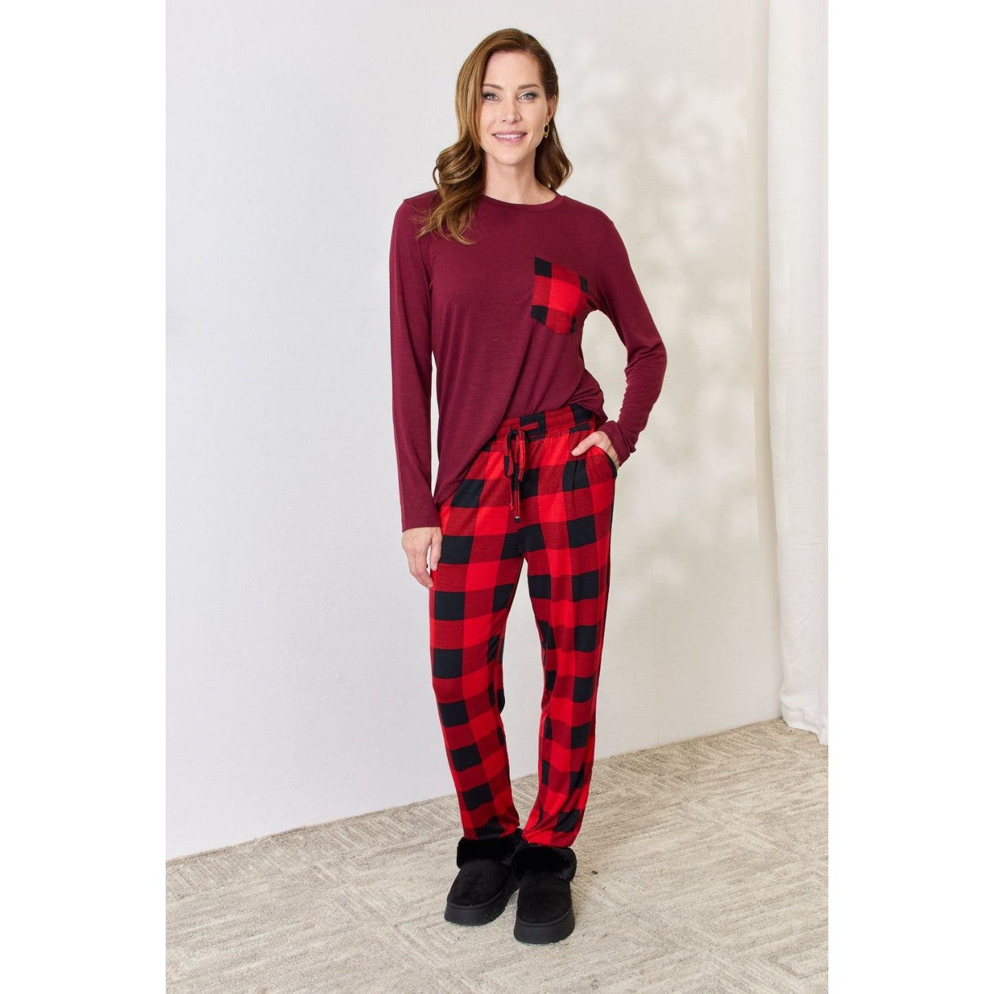 Zenana Full Size Plaid Round Neck Top and Pants Pajama Set