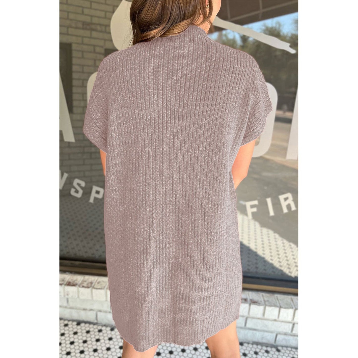 Ribbed Pocketed Mock Neck Short Sleeve Sweater