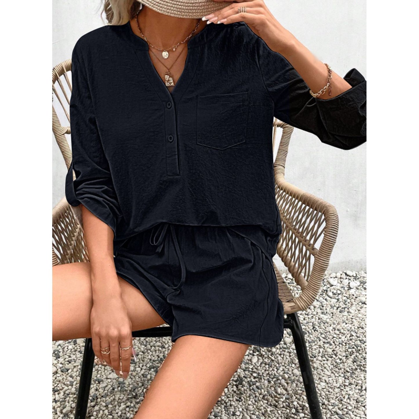 Notched Long Sleeve Top and Shorts Set